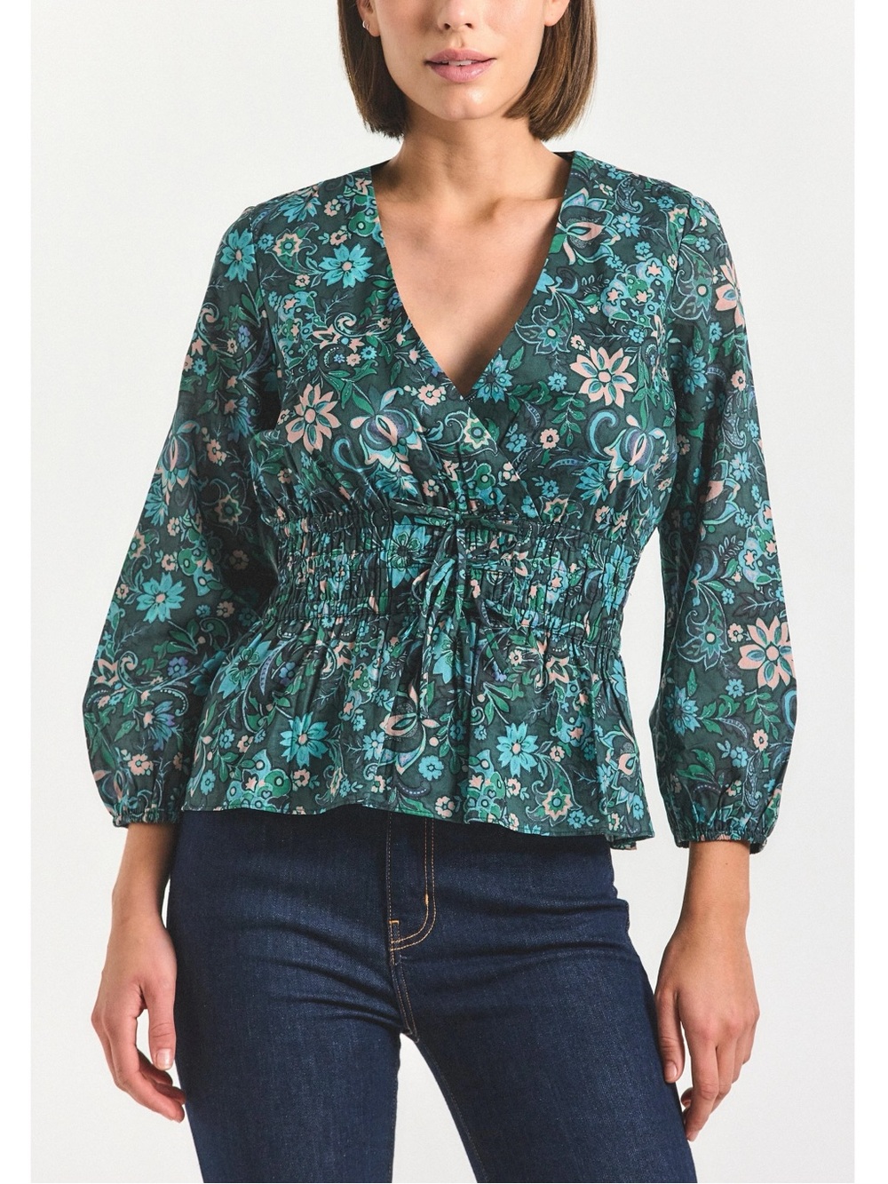 Derek Lam 10 Crosby || Lilith Floral V Neck Peplum Blouse in Teal Meadow 10